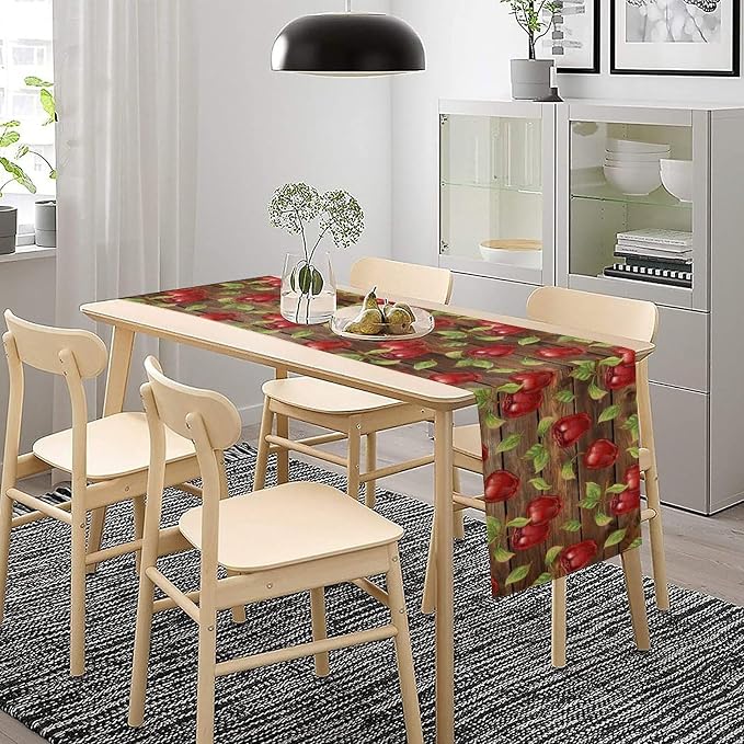 Sweet Apples Table Runner, Fresh Apples Fruit Rustic Wooden Background Table - Image 2