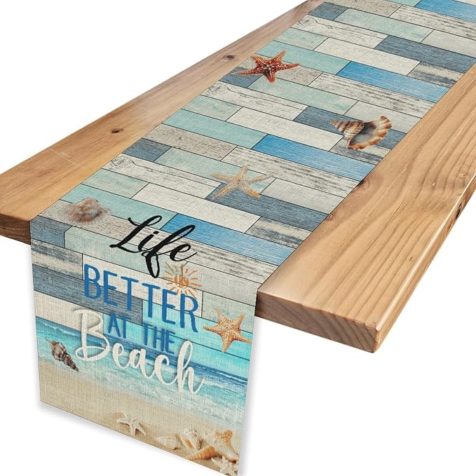Summer Beach Table Runner, Nautical Starfish Seashell Ocean Retro Wooden Plank - Image 4