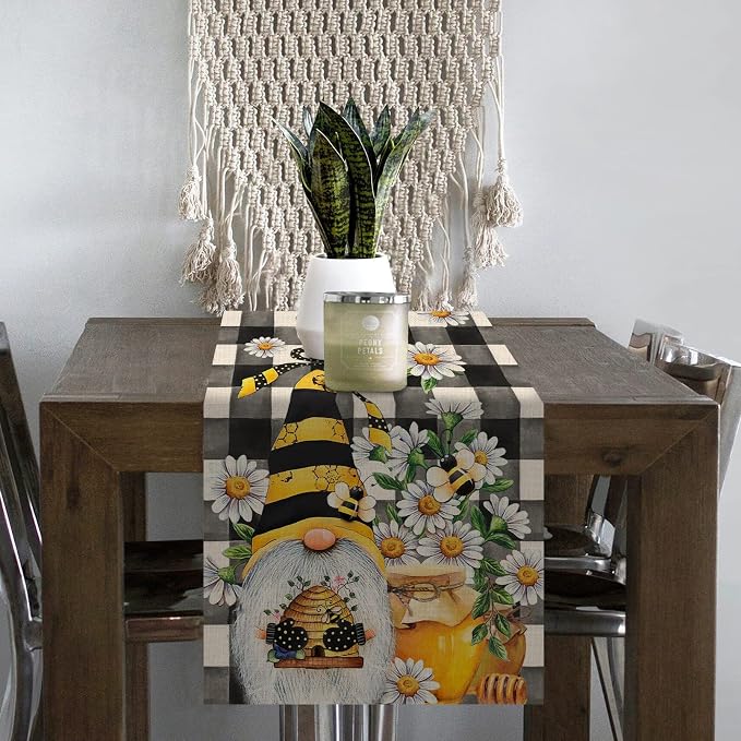 Seliem Spring Bee Gnome Table Runner, Honey Black White Buffalo Plaid Check - Image 5
