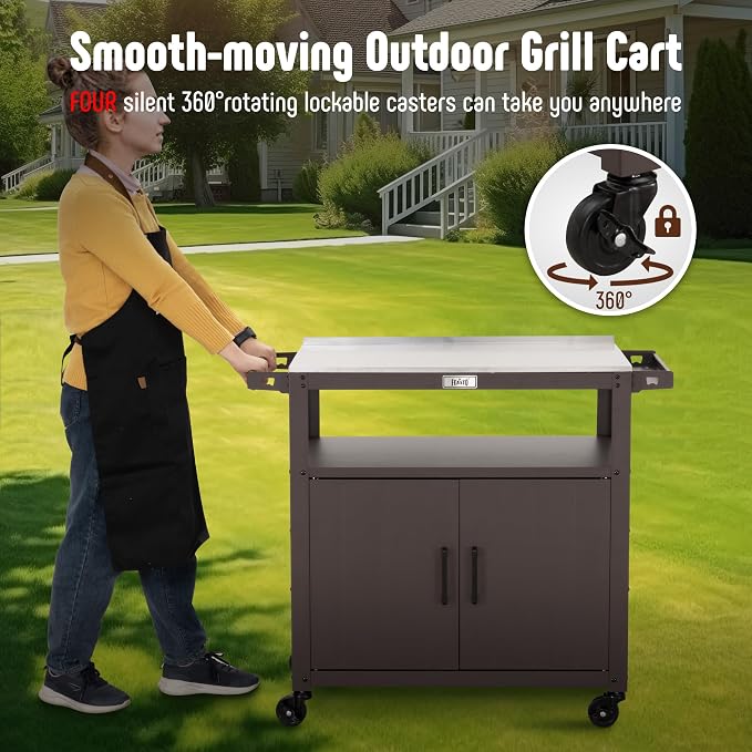 Outdoor Grill Cart with Stainless Steel Tabletop and Storage Cabinet, Movable - Image 5