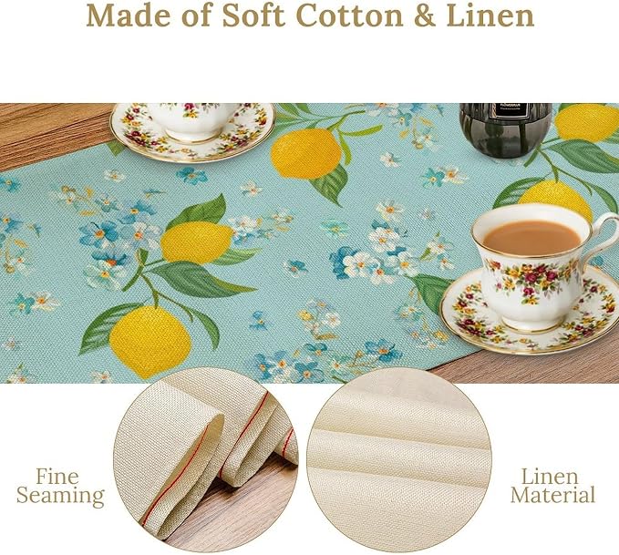 Farmhouse Lemon Fruit Table Runner, Nature Aesthetic Blue Flowers Plant - Image 6