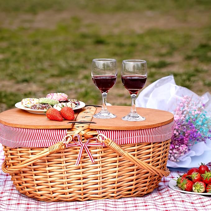 Wicker Picnic Basket with Liner, Wooden Split Lid Picnic Basket, Vintage-Style - Image 7