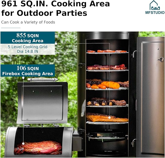 MFSTUDIO Vertical Offset Smoker Charcoal Grill, Extra Large BBQ Barrel Grills - Image 2