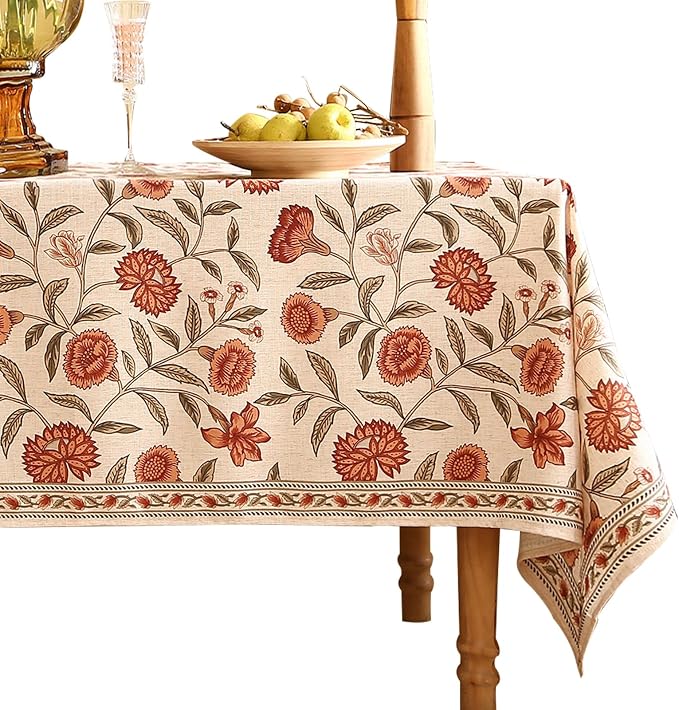 ISAENNE Designer French Small Square Tablecloth, Linen Orange Floral Pattern by Isaennehomedecoration