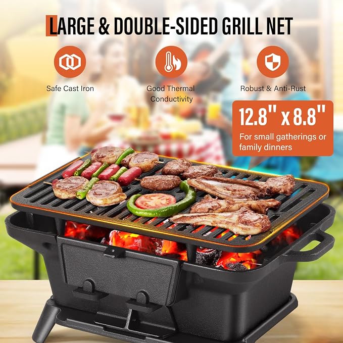 Hibachi Grill Outdoor, Portable Mini Charcoal Grill, Pre-Seasoned Cast Iron - Image 2