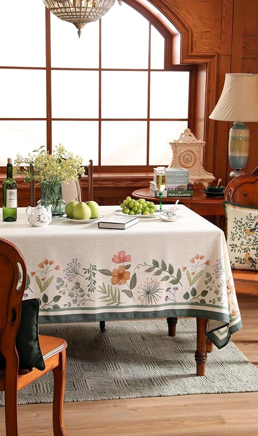 Beige Linen Square Tablecloth, Vintage French Shabby Chic Floral Wrinkle Free - Image 8