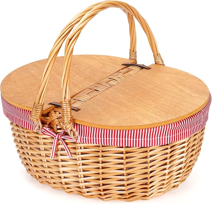 Wicker Picnic Basket with Liner, Wooden Split Lid Picnic Basket, Vintage-Style by ZORMY