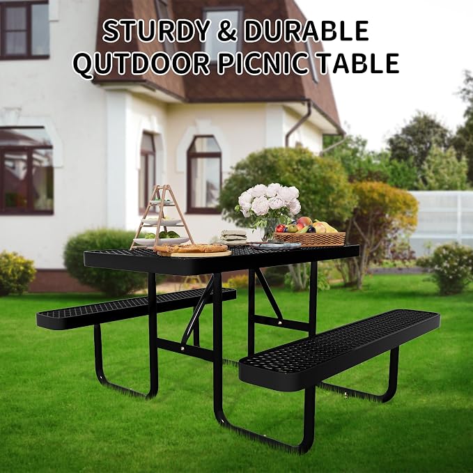 4FT Rectangular Steel Outdoor Picnic Table, Commercial Black Picnic Table Bench - Image 5