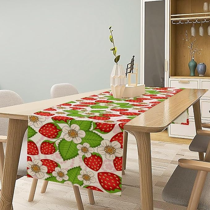 Spring Strawberry Table Runner, Floral Strawberries Flowers Leaf Season - Image 3