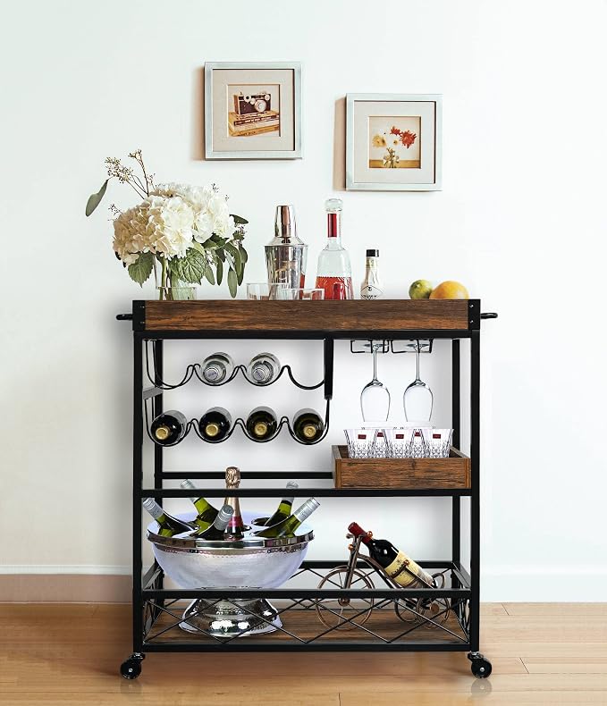 Bar Cart for The Home, 3 Tire Industrial Rolling Serving Cart on Lockable Wheels - Image 8