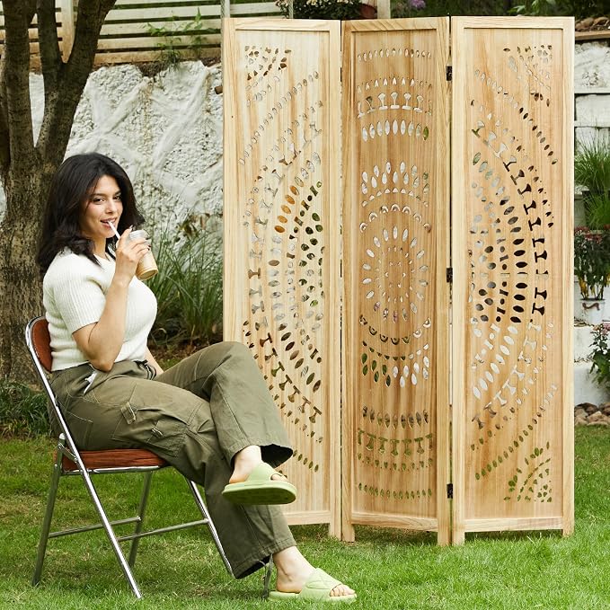 Room Divider Wood Carved Wall Divider Indoor Folding Bohemian Style Portable - Image 7
