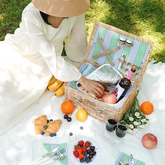Wicker Picnic Basket for 2 Person, Willow Hamper Basket Sets - Image 2