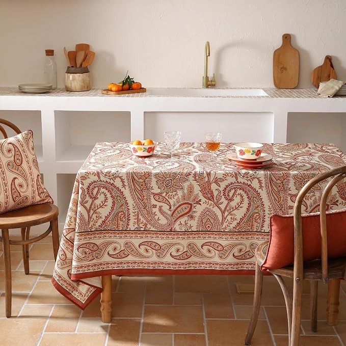 ISAENNE Designer French Red Extra Long Tablecloth Rectangle, Linen Table Cloth - Image 2