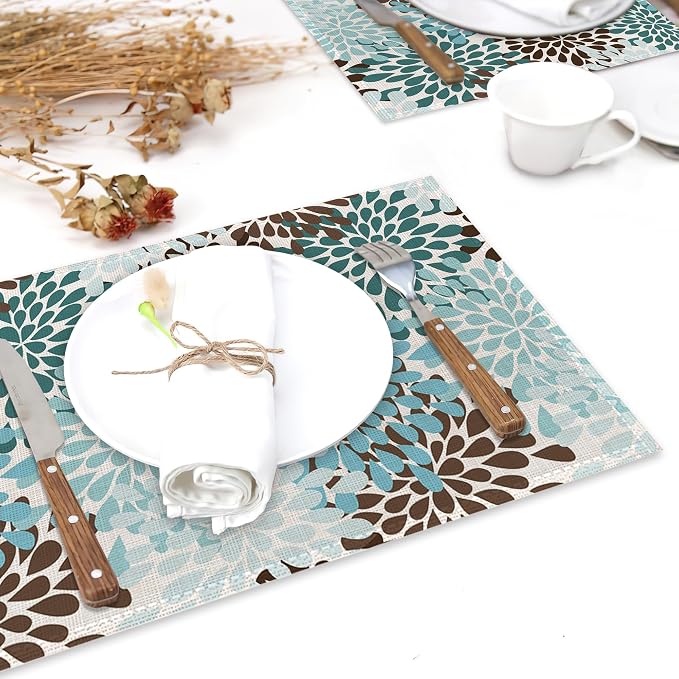 Blue Gray Dahlia Placemats Set of 6, Geometric Flowers Heat Resistant Table - Image 6