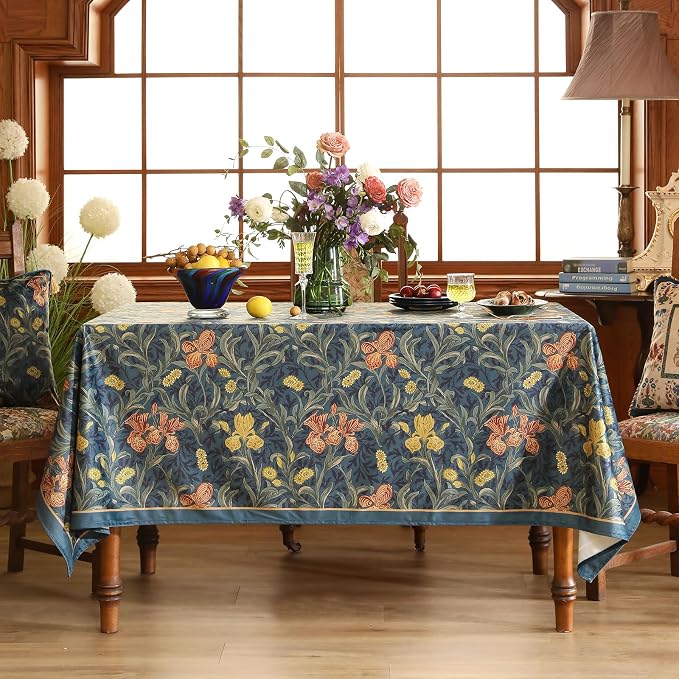 patdrea Designer Vintage Dark Blue Linen Rectangle Tablecloth, French Rustic - Image 5