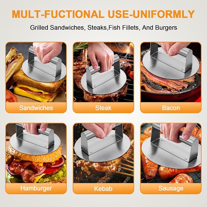 Stainless Steel Burger Press 6.2" Round Smash Burger Press- Pro Non-Stick - Image 6