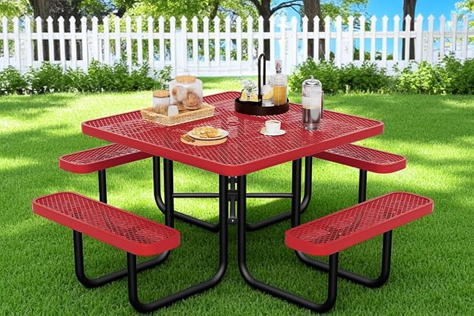 46" Square Picnic Table for Outside, Heavy Duty Metal Picnic Table Bench Set by HIMcup