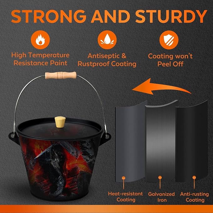 Small Ash Bucket with Lid and Shovel, Metal Fireplace Ash Bucket with Broom - Image 5