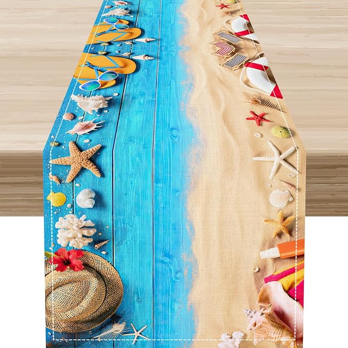 Summer Coastal Table Runner, Nautical Starfish Beach Seashell Ocean Retro by Unknown