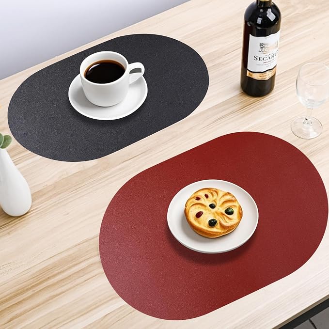 Oval Placemats Set of 6 Reversible Black and Red Faux Leather Placemat - Image 4