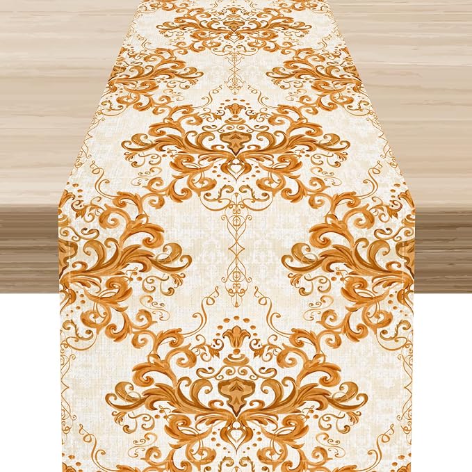 Damask Table Runner, Rustic Gold Gothic Boho Floral Flower Baroque Style by Unknown