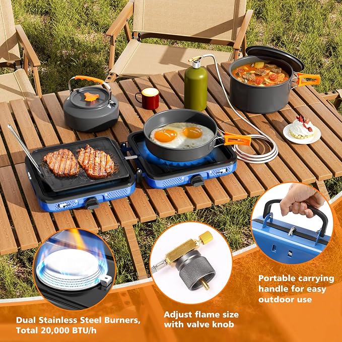Hisencn Camping Stove, 2 Burner Propane Stove, 20000 BTU/h Camping Cooking set - Image 4