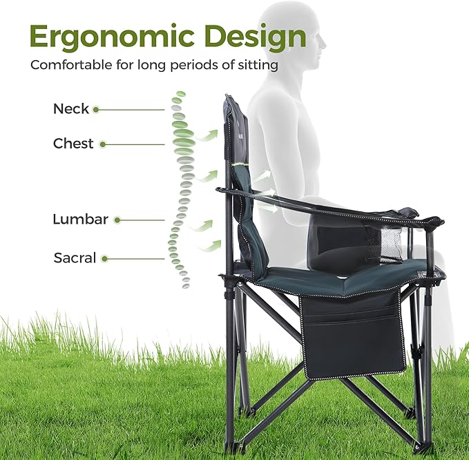 Folding Camping Chair, Green, Padded Oxford Fabric, 450 lb Support