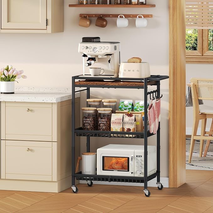 Microwave Kitchen Cart with Push Handle, 3 Tier Rolling Cart with 2 Lockable - Image 6