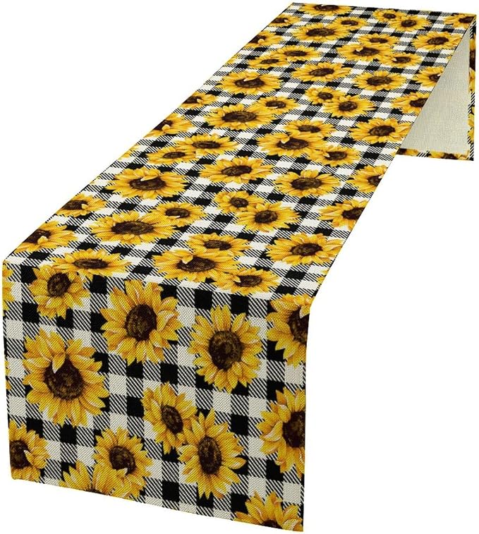 Summer Sunflower Table Runner, Sunshine Seasonal Buffalo Plaid Table Runner by Unknown