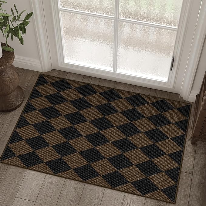 Easy Jute Checkered Entryway Rug, 2x3 Coffee Modern Indoor Outdoor Doormat by Rugalia