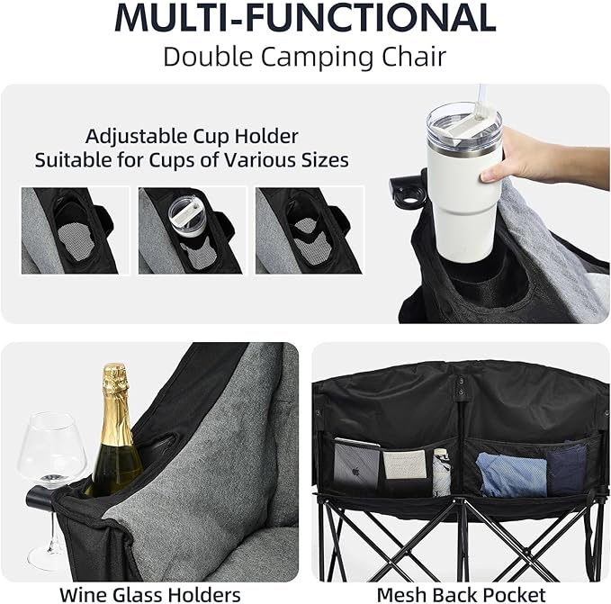 Camping Chair Loveseat for Two in Black and Grey with Metal Frame