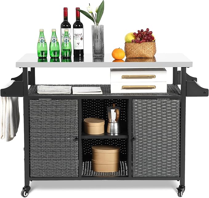 Outdoor Wicker Grill Cart with Storage Cabinet, Outdoor Moveable Bar with by Villeston