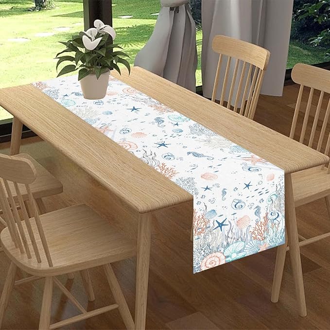 Nautical Table Runner, Summer Coastal Starfish Seahorse Seashells Coral - Image 2