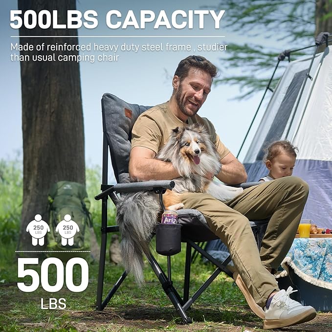 Folding Camping Chair 2-Pack, Grey, Padded High Back, Steel Frame