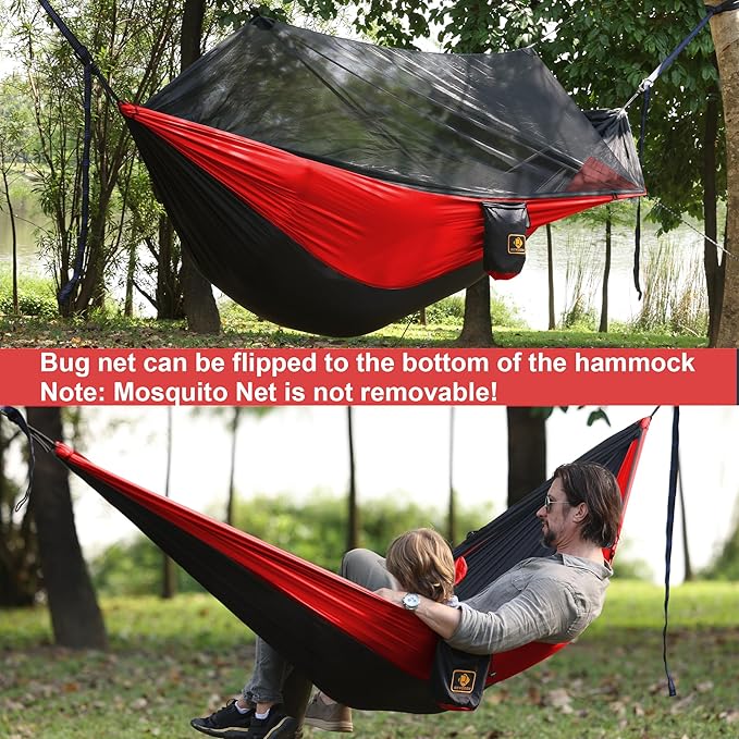 Hammock with Built-In Mosquito Net, 210T Nylon, Black and Red