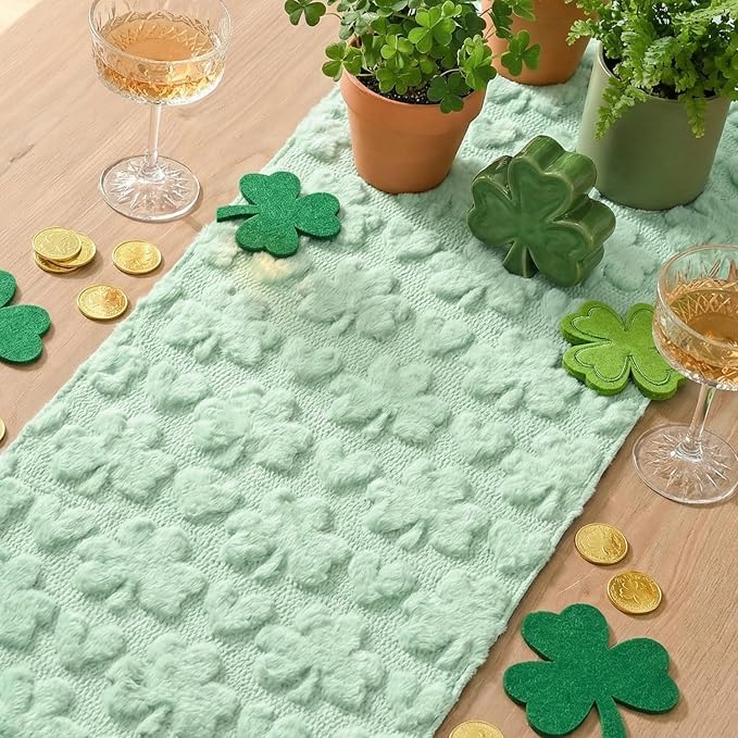 Artoid Mode Sage Green Soft Plush Faux Fur Jacquard Heart Clover St. Patrick's - Image 3