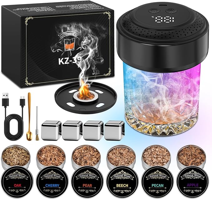 Bar Set Cocktail Smoker Kit with USB Rechargeable Battery and 6 Wood Chips
