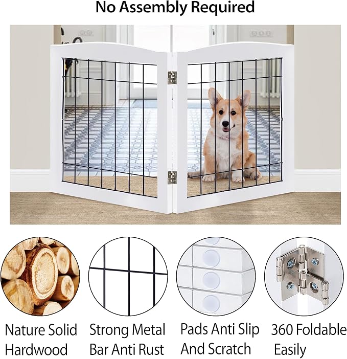 LZRS 2-Panel Freestanding Foldable Wood Dog Gate – Solid Wood & Steel Wire - Image 3