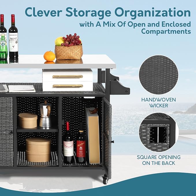 Outdoor Wicker Grill Cart with Storage Cabinet, Outdoor Moveable Bar with - Image 3