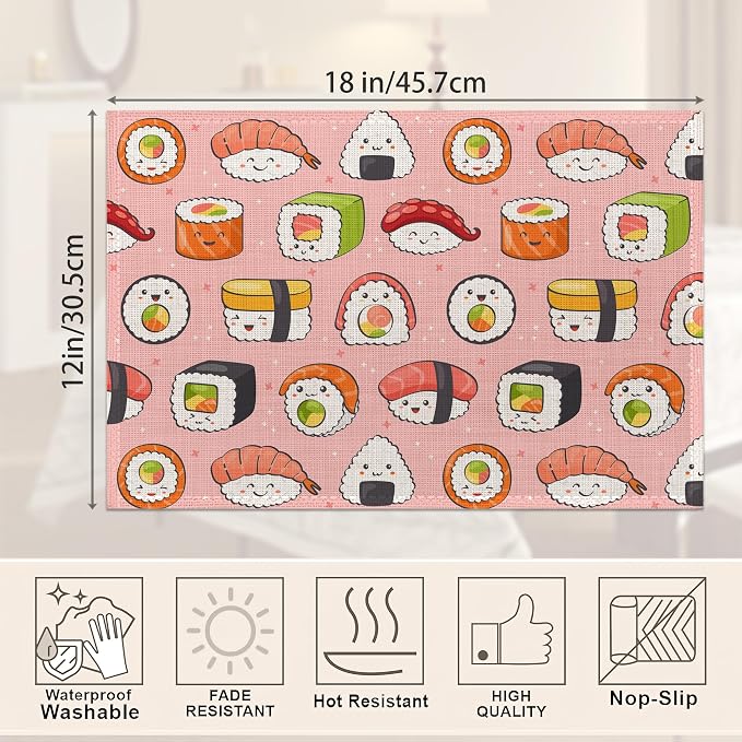 Japanese Style Cute Pink Sushi Rolls Placemats Set of 6, Waterproof Non-Slip - Image 2