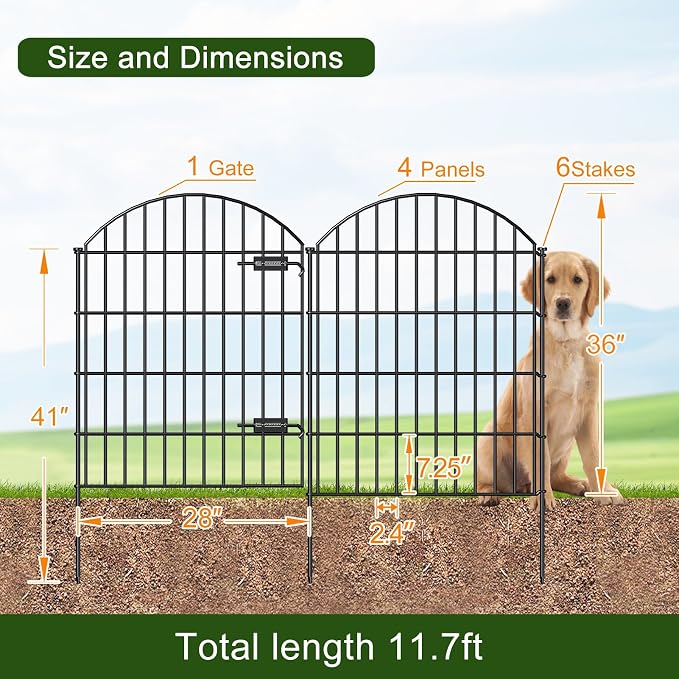 Metal Garden Fence with Gate 36in x 11.7ft, 1 Gate+ 4 Panels Dog Fence Border - Image 3