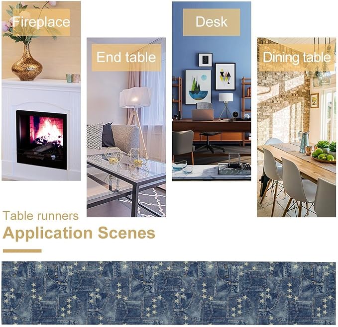 Patchwork Table Runner, Vintage Romance Jeans Pentagram Splicing Print Table - Image 5