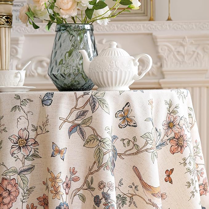 ISAENNE Designer French Light Beige Small Round Tablecloth, Linen Florals and - Image 7
