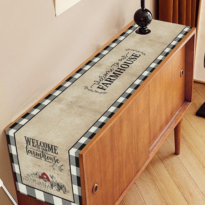 Farmhouse Table Runner, Rustic Country Barn Cottage Check Animal Coffee Table - Image 3