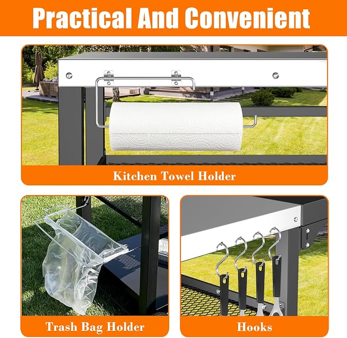 Grill Cart, Outdoor Grill Table, Pizza Oven Stand, Three-Shelf BBQ Table - Image 6