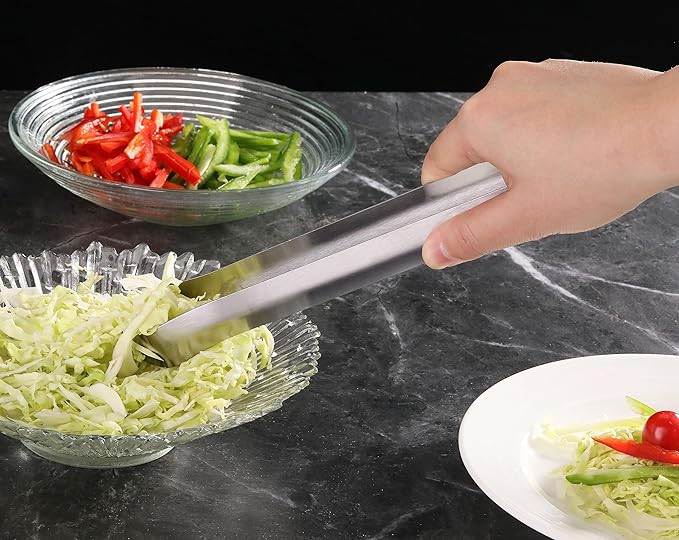 Serving Tongs, Stainless Steel with Serrated Tips, Satin Silver, 9 Inch