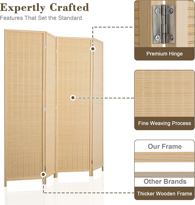 WelFurGeer 4 Panel Bamboo Room Divider, Folding Privacy Screen - Image 3