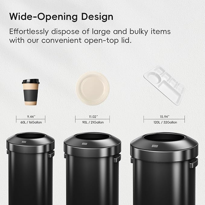 EKO 16-Gallon Round Black Stainless Steel Open Top Trash Can, Large Commercial - Image 6
