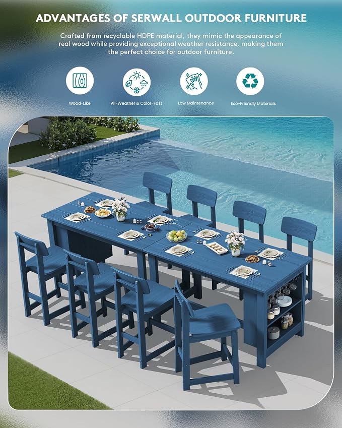 SERWALL Outdoor Bar Table and Chairs Set, 3-Piece HDPE Counter Height Patio - Image 8