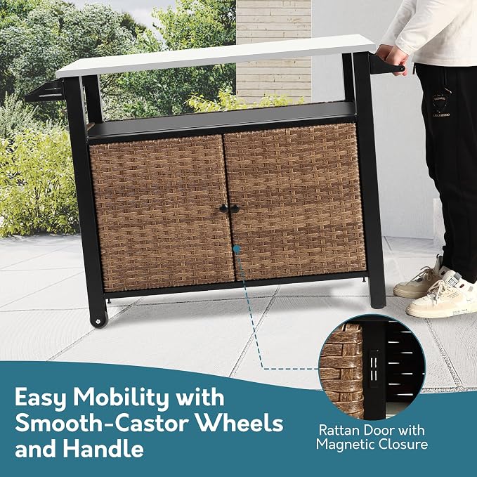 Patio Grill Cart with Wicker Storage, Outdoor Kitchen Island Serving Cart with - Image 5